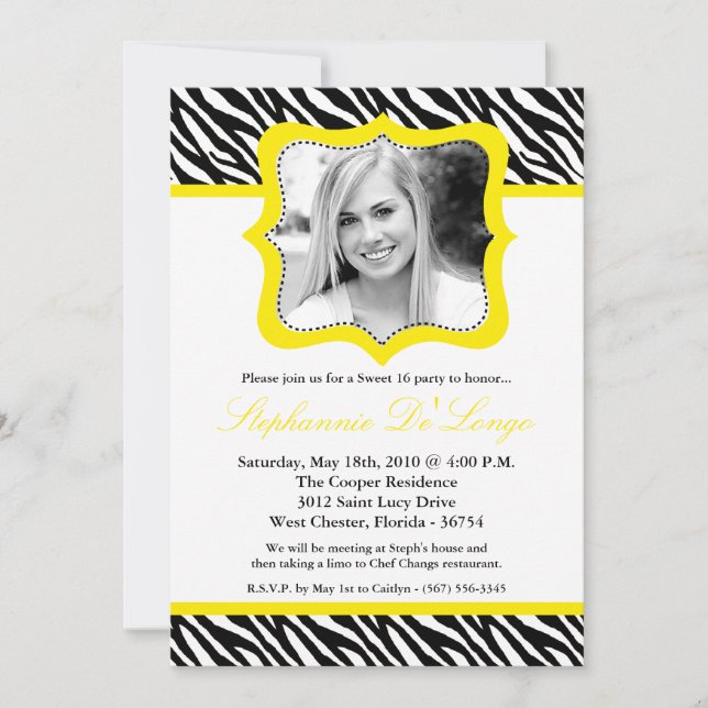 Invitation 5x7 Yello Zebra PHOTO Sweet 16 Anniversaire Invita (Devant)