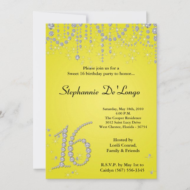 Invitation 5x7 Yellow Diamond Sweet 16 Anniversaire Invitatio (Devant)