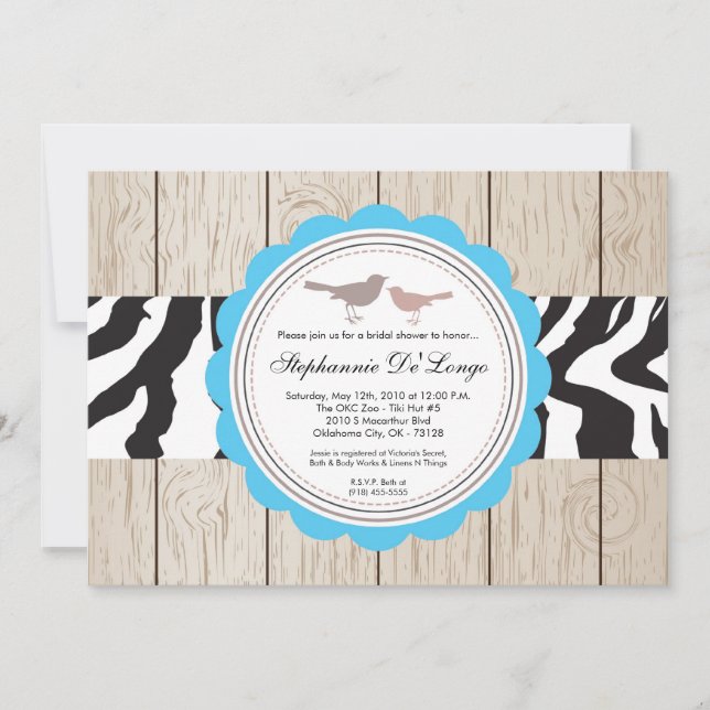 Invitation 5x7 Zebra Bird Couple nuptiale de douche Invitatio (Devant)