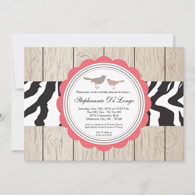 Invitation 5x7 Zebra Bird Couple nuptiale de douche Invitatio (Devant)