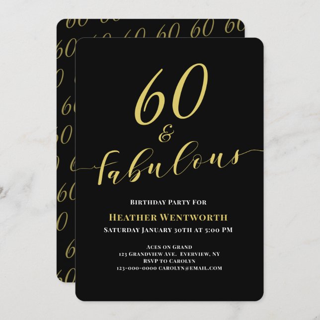 Invitation 60 and Fabulous 60th Birthday Gold Black Script (Devant / Derrière)