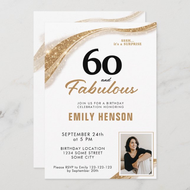 Invitation 60 and Fabulous Gold 60th Birthday (Devant / Derrière)