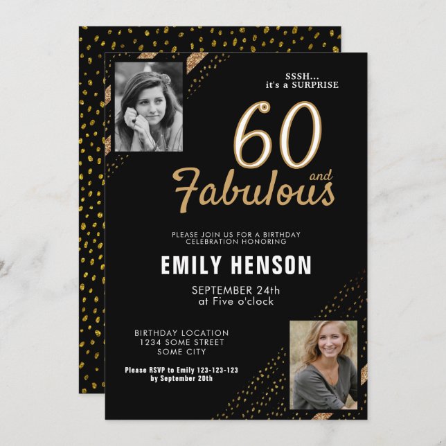 Invitation 60 and Fabulous Gold Glitter 2 Photo 60th Birthday (Devant / Derrière)