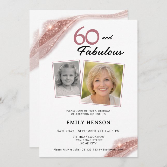 Invitation 60 and Fabulous Rose Gold 2 Photo Birthday (Devant / Derrière)