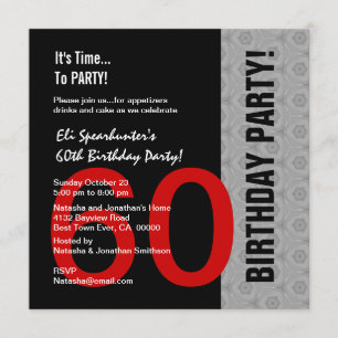 Invitation 60 Anniversaire Moderne Argent Rouge Noir Funny D8
