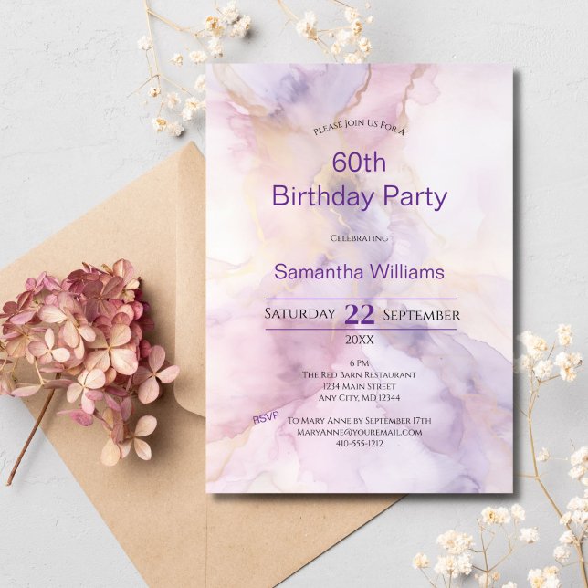 Invitation 60 ans aquarelle or rose violet (Pink purple gold watercolor wash 60th birthday invitation for her. Edit it for any year)