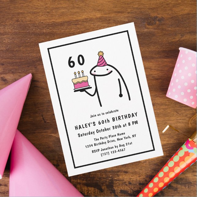 Invitation 60 ans drôle avec Mème Simple Noir & Bl (Créateur téléchargé)