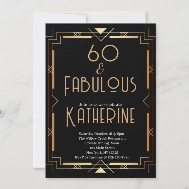 Invitation 60 ans et Fabuleux 60e Anniversaire Fête Art Déco (Devant)