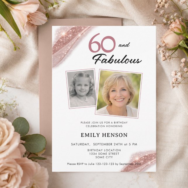 Invitation 60 ans et Fabuleux Rose Gold 2 Photos Anniversaire (Créateur téléchargé)