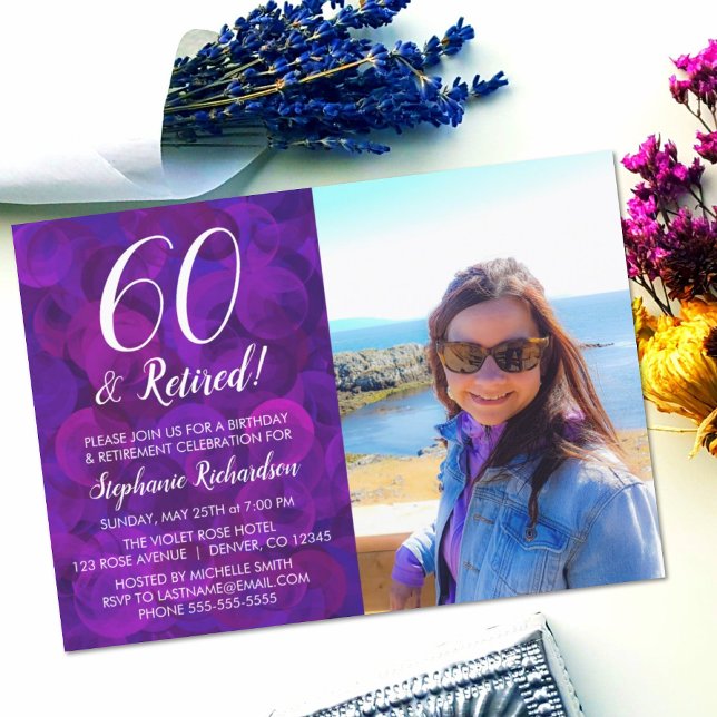 Invitation 60 ans et Retraite Élégante Fête de Retraite Viole (Créateur téléchargé)