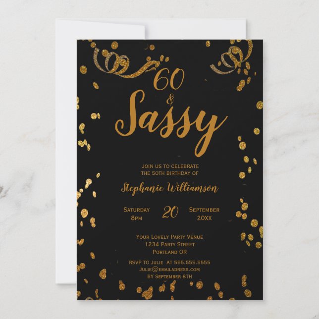 Invitation 60 ans et Sassy 60e anniversaire Noir | Faux Or (Devant)