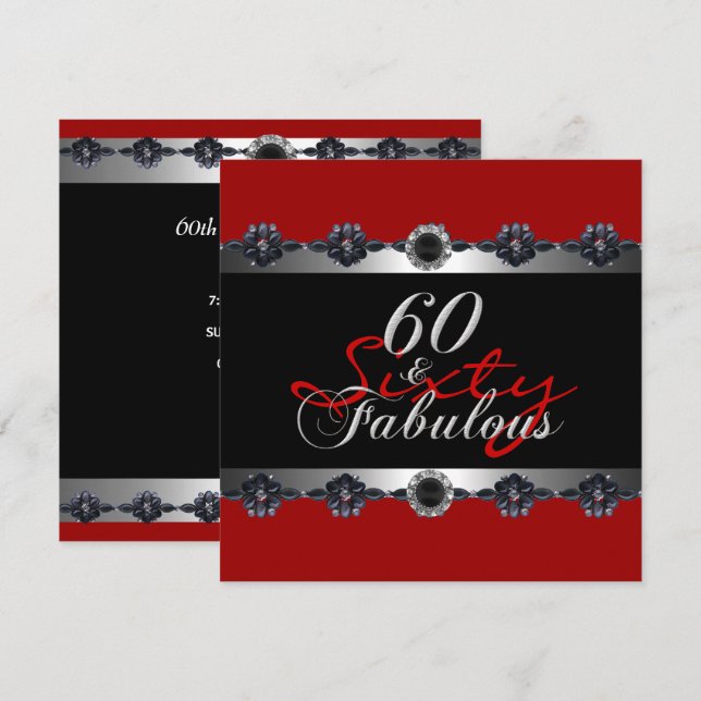 Invitation 60 ans & Fabuleux 60e Anniversaire Fête Argent Rou (Devant / Derrière)