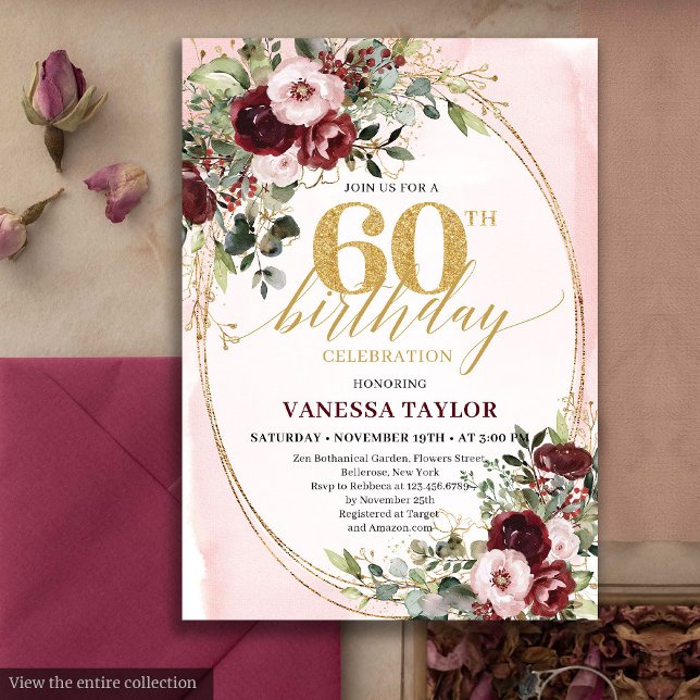 Invitation 60 ans Roses Fuschia Bohème Classique (Classic Boho Burgundy Blush Roses 60th Birthday)
