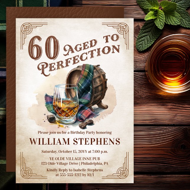 Invitation 60 ans, Scotch vieilli à la perfection pour fête d (Aged to Perfection 60th Birthday Party Scotch Whiskey Invitation for Men)