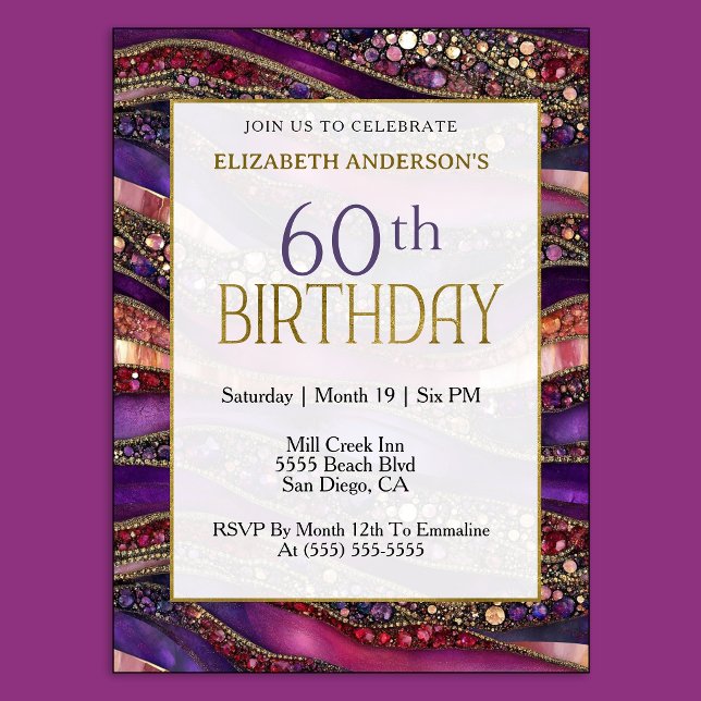 Invitation 60 ans Strata Or Violet Moderne Bijou (Luxury purple and gold 60th birthday invitation with jeweled marble design and elegant style.
)