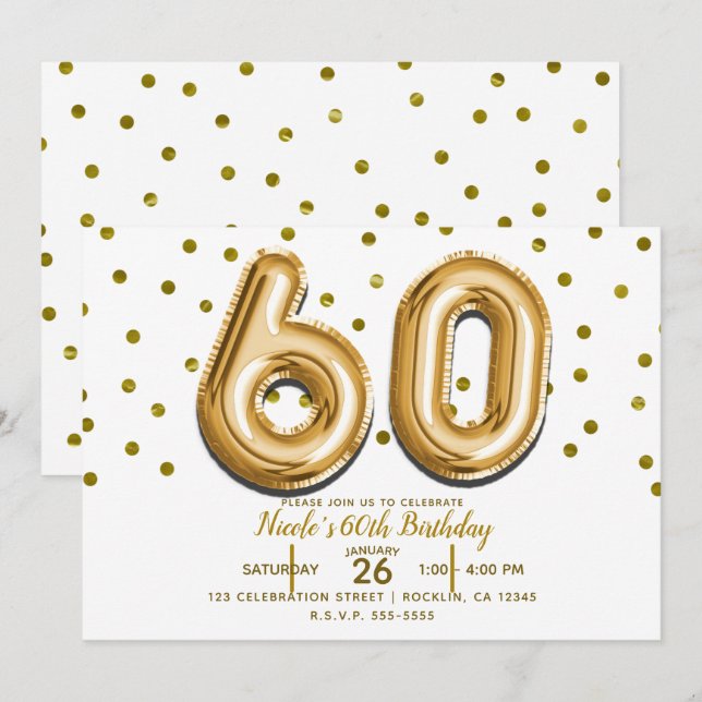 Invitation 60 Ballons Dorés & Confettis Fête d'anniversaire 6 (Devant / Derrière)