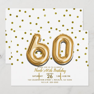 Invitation 60 Ballons Dorés et Confettis Fête d'anniversaire 