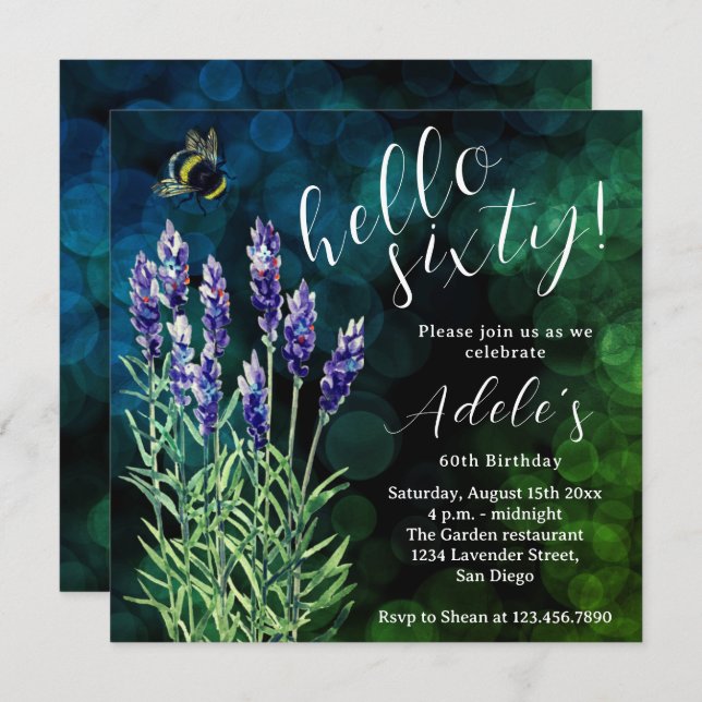 Invitation 60 e anniversaire Lavender aquarelle (Devant / Derrière)