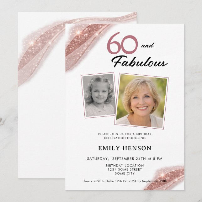 Invitation 60 et Fabuleux Anniversaire Rose Gold 2 Photos (Devant / Derrière)