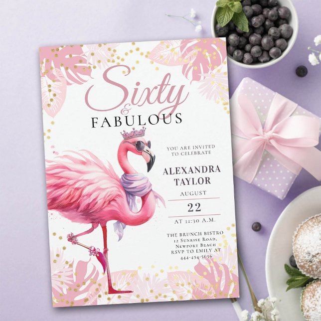 Invitation 60 et fabuleux Flamant rose rose drôle 60e anniver (60 and fabulous birthday invitation funny pink flamingo tiara watercolor)