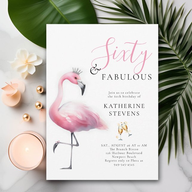Invitation 60 et fabuleux Flamant rose rose Tiara 60e anniver (60 and fabulous birthday invitation funny pink flamingo tiara watercolor modern brunch)