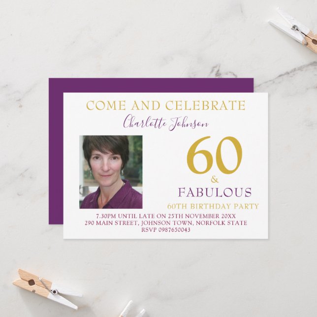 Invitation 60 et Fabuleux Photo 60e anniversaire Violet or (Devant/Arrière en situation)