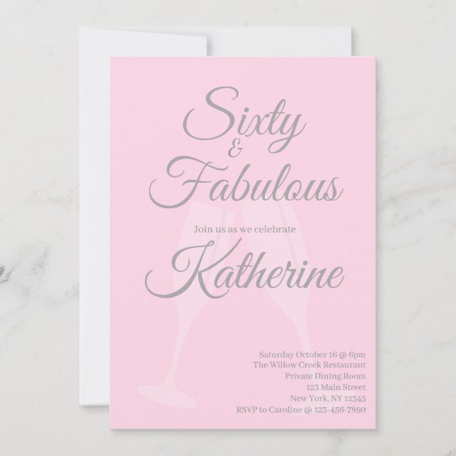 Invitation 60 et Fabuleux | Script Rose pour une fête d'anniv (Devant)