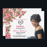 Invitation 60 et Fabulous Floral | 60e anniversaire Invitatio<br><div class="desc">60 et fabuleux rose floral | 60e anniversaire Invitations d'anniversaire. Soixante et fabuleux ! Un beau Moderne Elegant rose floral 60e anniversaire fêtes Invitations vous pouvez personnaliser et envoyer votre fête de soixantième anniversaire. Remplacez l'exemple de photo par le vôtre. Chic rose roses pionnes feuilles verts sur arrière - plan...</div>