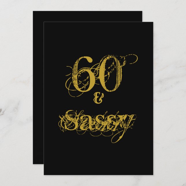 Invitation 60 et Sassy 60e fête d'anniversaire Noir et Or (Devant / Derrière)
