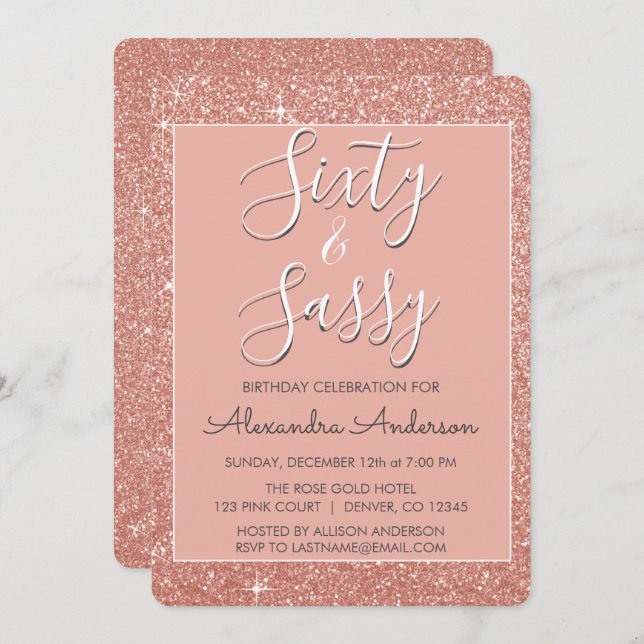 Invitation 60 et Sassy Anniversaire Rose Gold Blush Pink Part (Devant / Derrière)