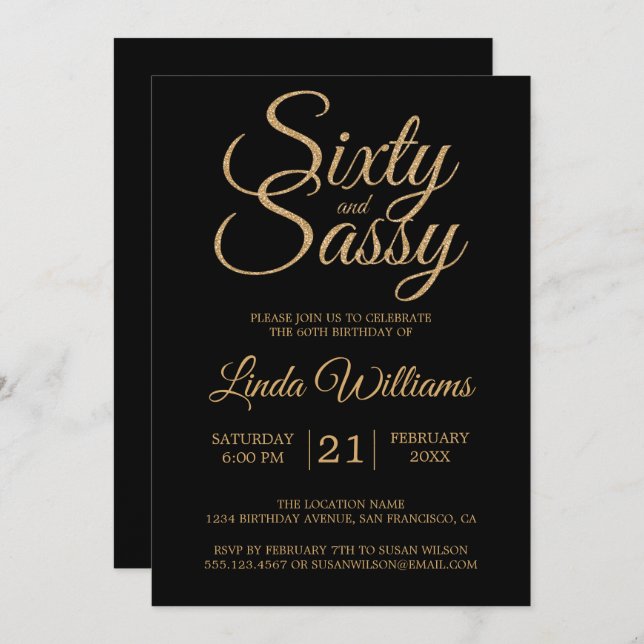 Invitation 60 et Sassy Black Gold 60e fête d'anniversaire (Devant / Derrière)