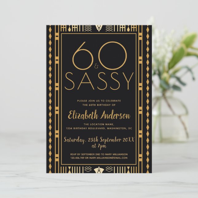 Invitation 60 Et Sassy Black Gold Art déco 60e anniversaire  (Debout devant)