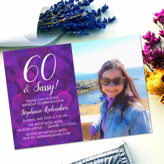 Invitation 60 et Sassy Elegant Purple Photo Anniversaire (Créateur téléchargé)
