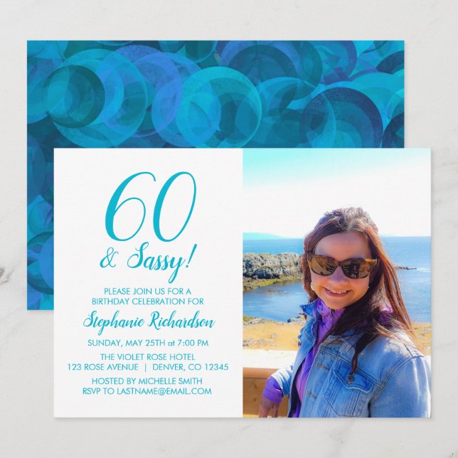 Invitation 60 et Sassy Ocean Blue Nom Turquoise Photo Anniver (Devant / Derrière)