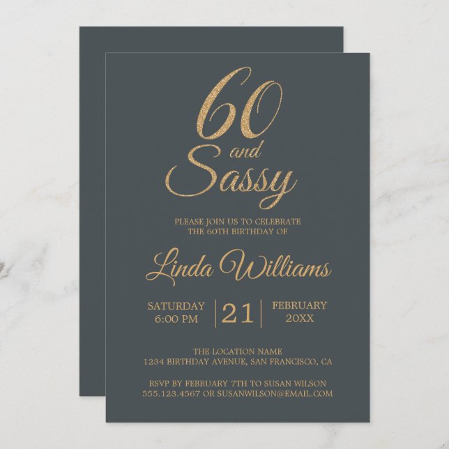 Invitation 60 et Sassy Off-Black Gold 60e fête d'anniversaire (Devant / Derrière)