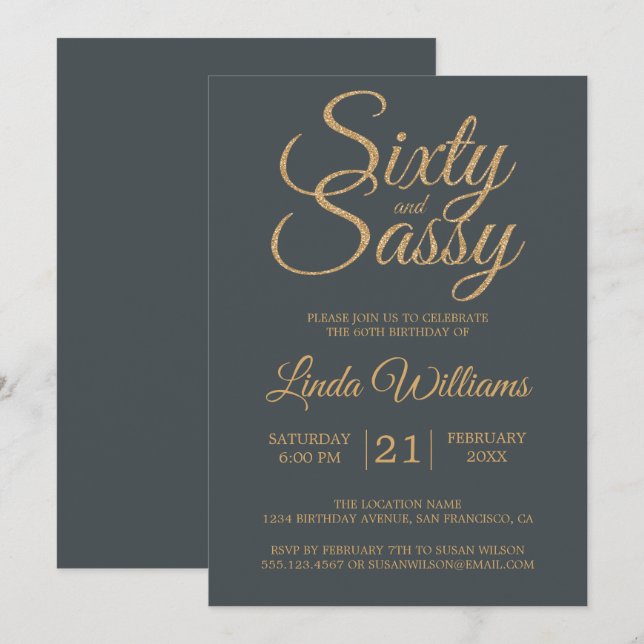 Invitation 60 et soixantième fête d'anniversaire d'or -Noir (Devant / Derrière)