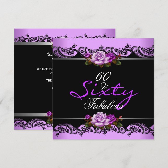 Invitation 60 & Fabuleux 60e anniversaire de fête Mauve Roses (Devant / Derrière)