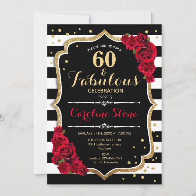 Invitation 60 Fabuleux anniversaire - Rose noir blanc rayures (Devant)