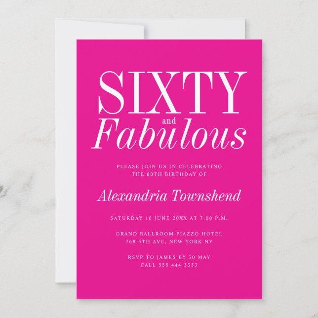 Invitation 60 & Fabuleux Chic Rose Chaud 60e Anniversaire (Devant)