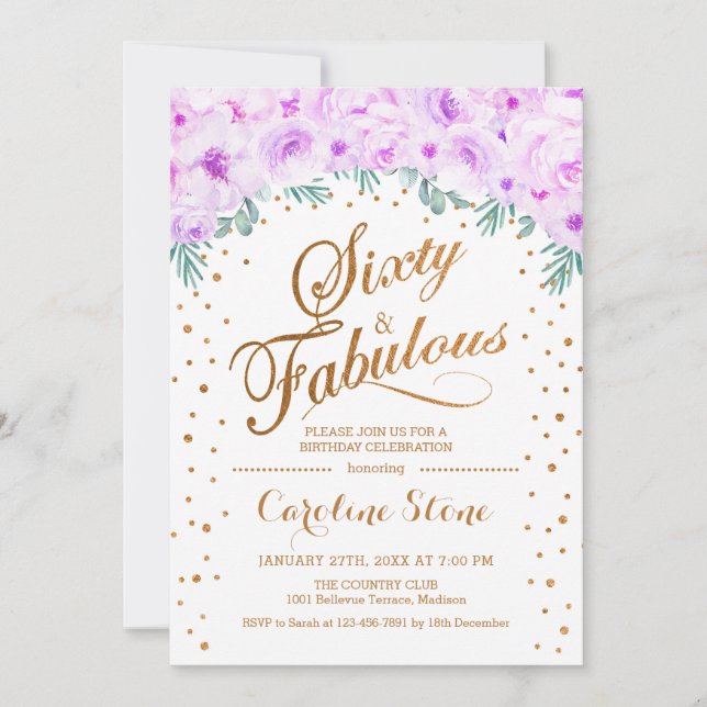Invitation 60 Fabuleux fête d'anniversaire - Blanc or violet (Devant)