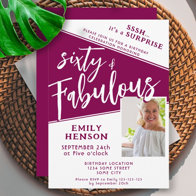 Invitation 60 & Fabuleux Magenta Photo 60e anniversaire Surpr (Créateur téléchargé)