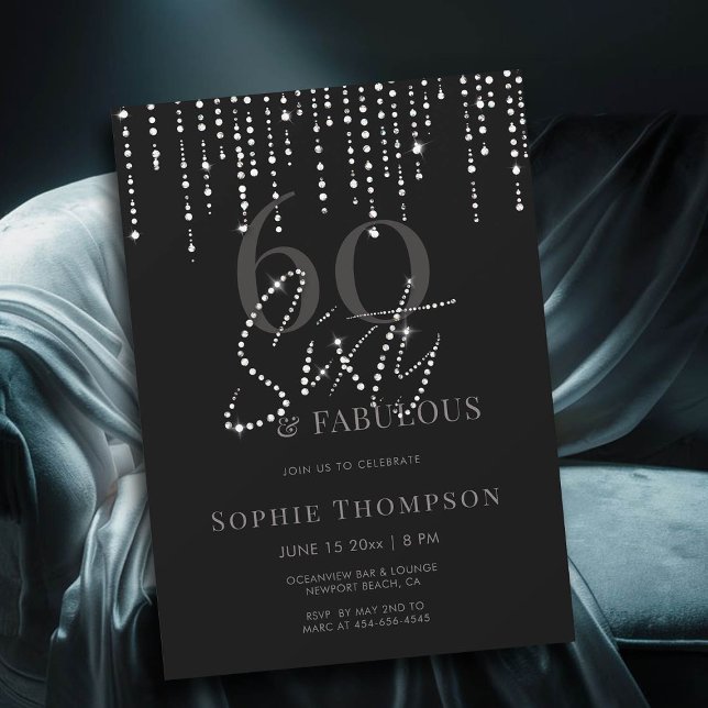 Invitation 60 Fabuleux Parties scintillant de séchage Noir 60 (60 and fabulous simple modern black minimalist 60th birthday invitation)