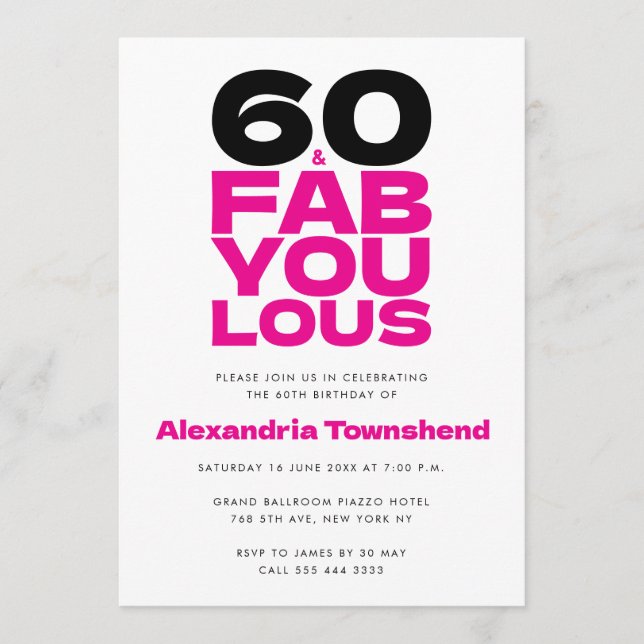 Invitation 60 & Fabuleux Typographie Rose Gras 60e Anniversai (Devant)