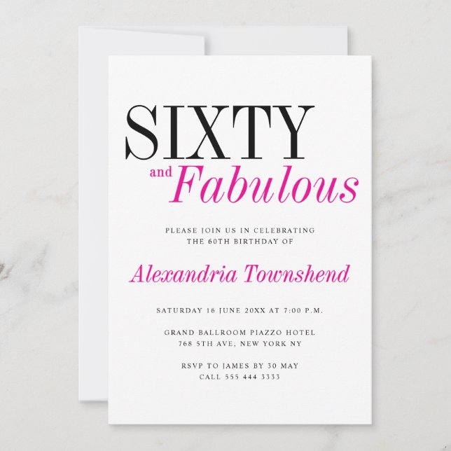Invitation 60 & Fabuleux Typographie Rose Moderne 60e Anniver (Devant)