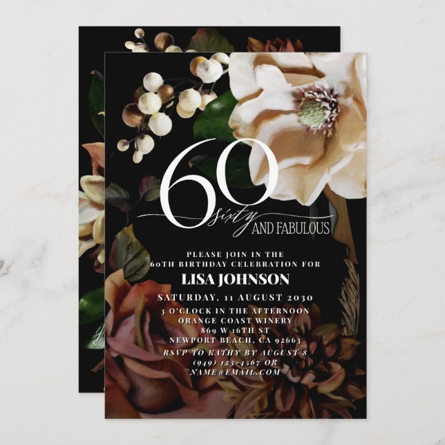 Invitation 60 & Fabulous Dark Moody Neutral Magnolia Floral (Devant / Derrière)