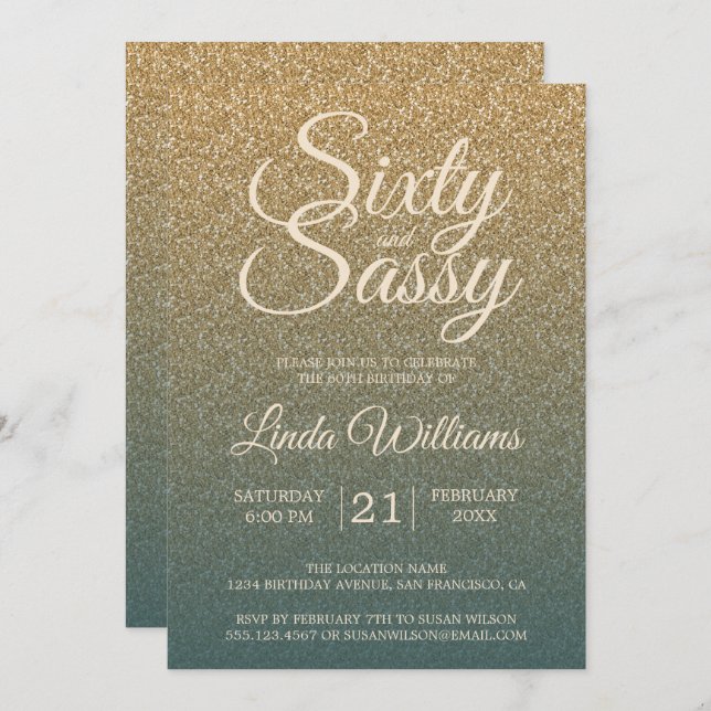 Invitation 60 Sassy Gold Emerald Ombre 60e fête d'anniversair (Devant / Derrière)