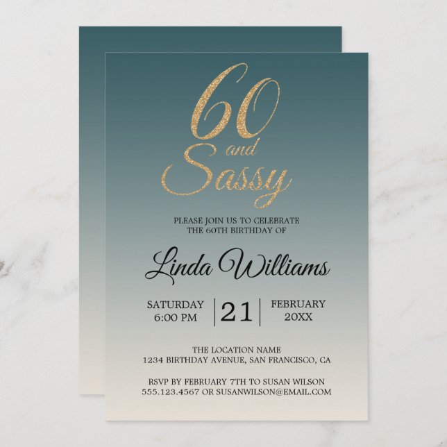 Invitation 60 Sassy Gold Emerald Ombre 60e fête d'anniversair (Devant / Derrière)
