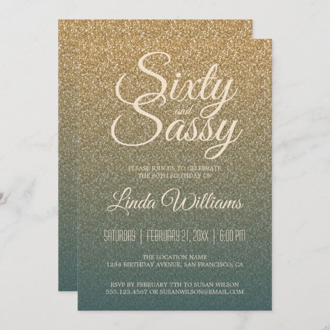 Invitation 60 Sassy Or Émeraude Ombré Fête d'anniversaire 60  (Devant / Derrière)