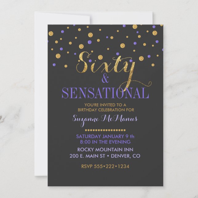 Invitation 60 & Sensationnel Points de Confettis Violet et Or (Devant)