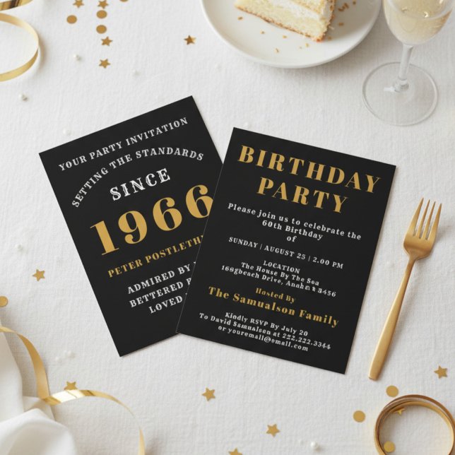Invitation 60e Anniversaire 1966 Ajouter Nom Année Noir Or (1966 birthday invite. White background.)